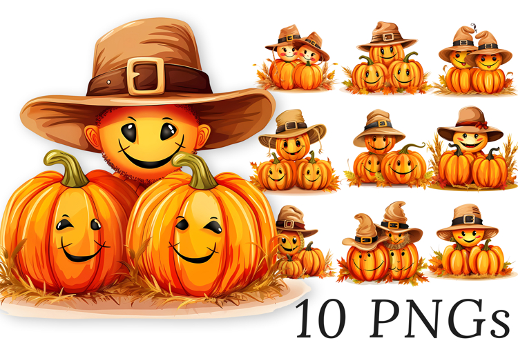 Cute Fall Pumpkins Clipart Bundle - 10 Transparent PNGs