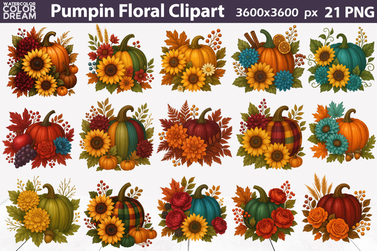 Pumpkin Floral Clipart Bundle | Thanksgiving Sublimation