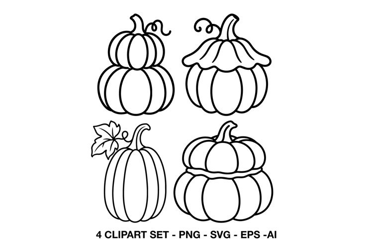 Four pumpkin and gourd line art illustrations with decorative stems and autumn details