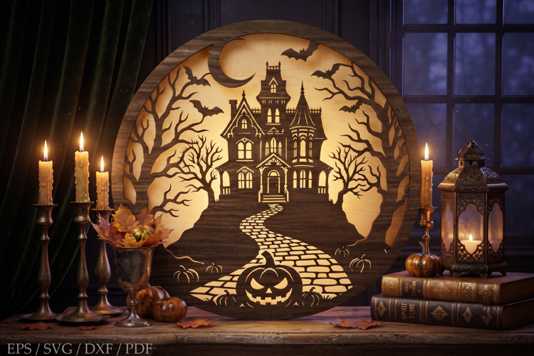 Pumpkin & Haunted House Halloween SVG,Round Laser Cut Door
