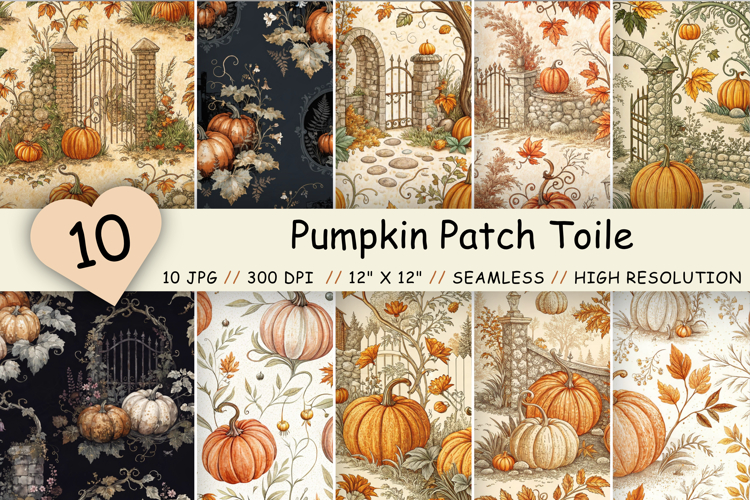 Pumpkin Patch Toile Digital Paper, Seamless Watercolor Pattern Bundle, Printable Scrapbook Paper, Autumn Harvest Design Collection
