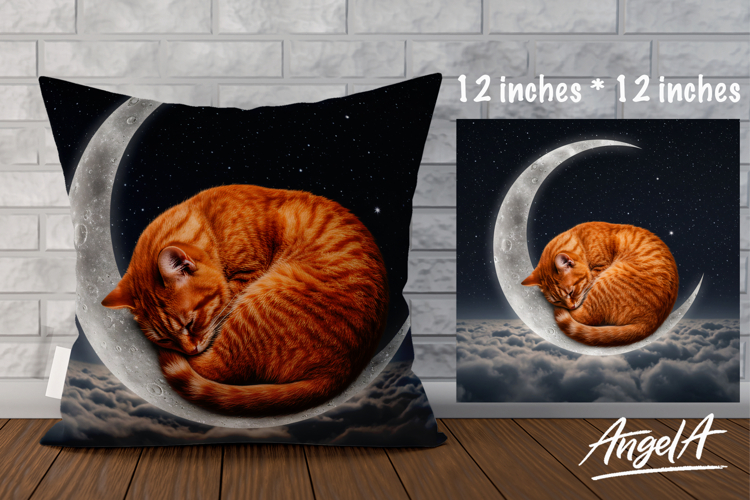 Cat pillow cover sublimation, sleeping animal on moon PNG