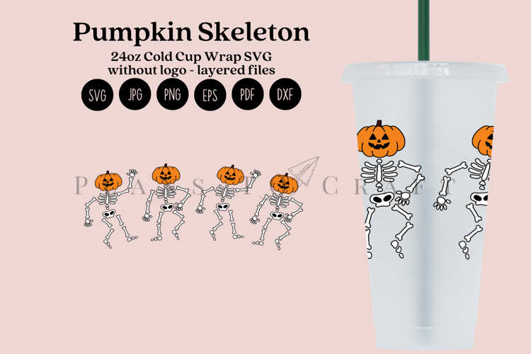 Pumpkin Skeleton Halloween 24oz Cold Cup Tumbler Wrap SVG