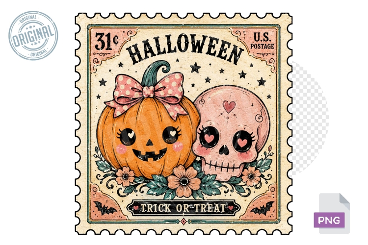 Pumpkin Skull Trick or Treat Halloween Stamp PNG Design