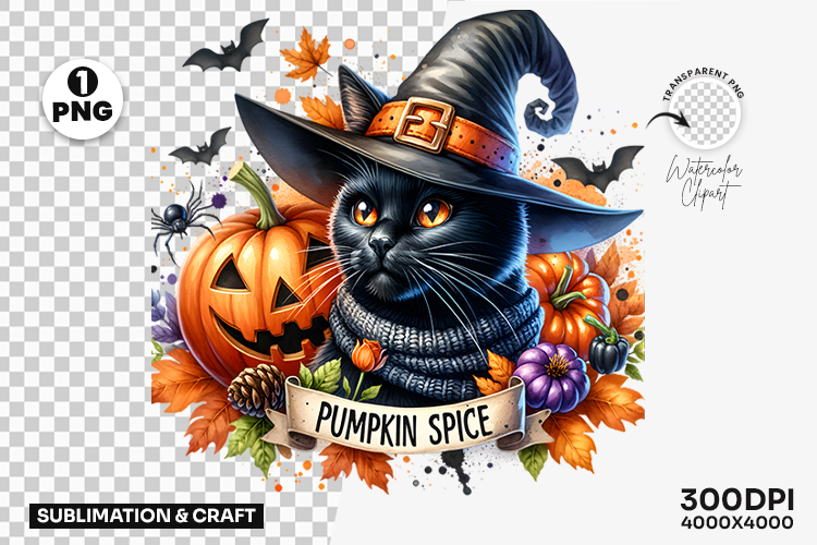 Halloween Pumpkin Spice Black Cat Witch Hat Clipart PNG