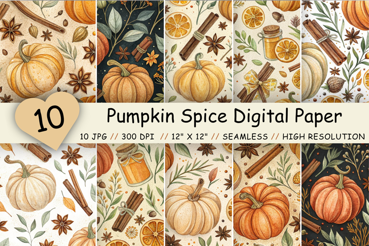 Pumpkin Spice Digital Paper Pack, Seamless Watercolor