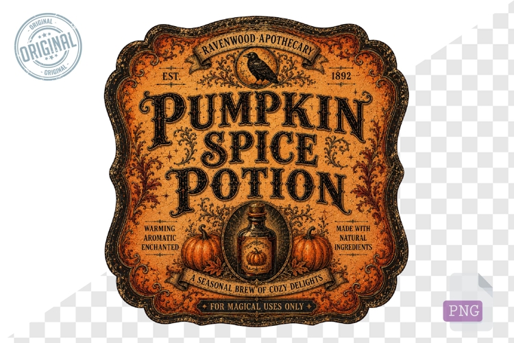 Pumpkin Spice Potion Vintage Halloween Apothecary PNG