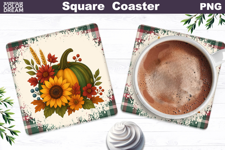 Fall Pumpkin Floral Square Coaster| Thanksgiving Sublimation