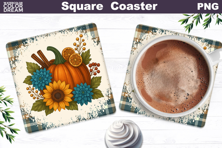 Fall Pumpkin Floral Square Coaster| Thanksgiving Sublimation