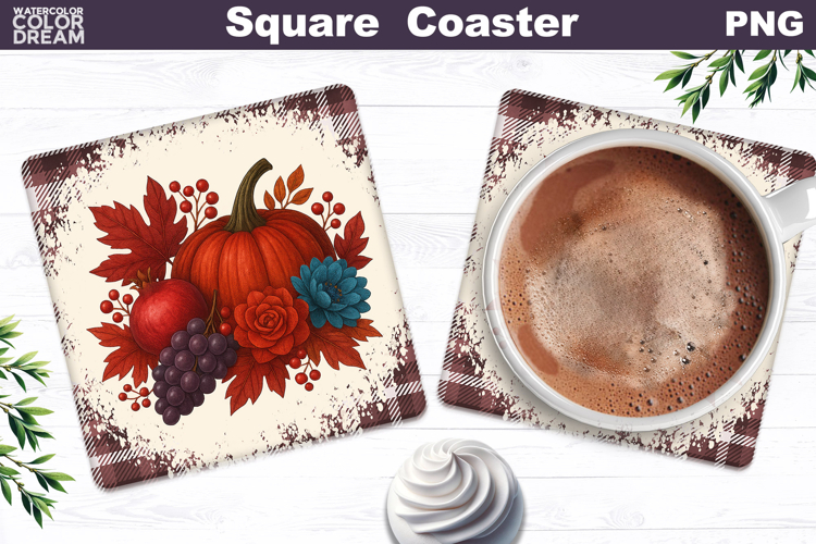 Fall Pumpkin Floral Square Coaster| Thanksgiving Sublimation