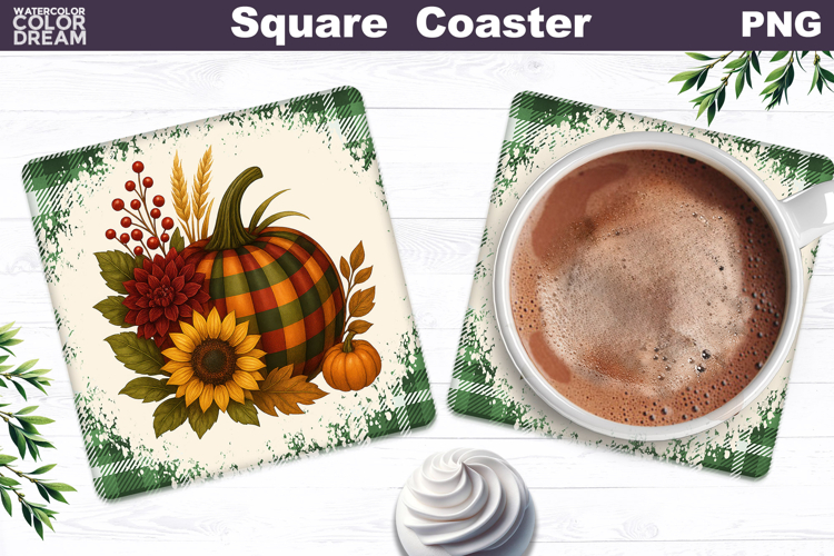 Fall Pumpkin Floral Square Coaster| Thanksgiving Sublimation