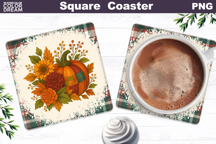 Fall Pumpkin Floral Square Coaster| Thanksgiving Sublimation