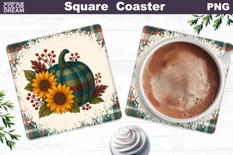 Fall Pumpkin Floral Square Coaster| Thanksgiving Sublimation