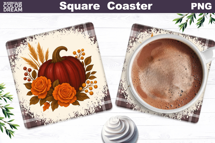 Fall Pumpkin Floral Square Coaster| Thanksgiving Sublimation
