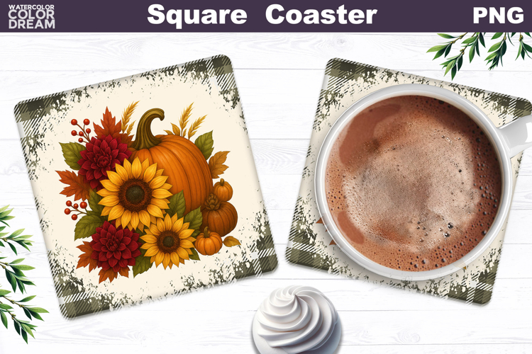 Fall Pumpkin Floral Square Coaster| Thanksgiving Sublimation