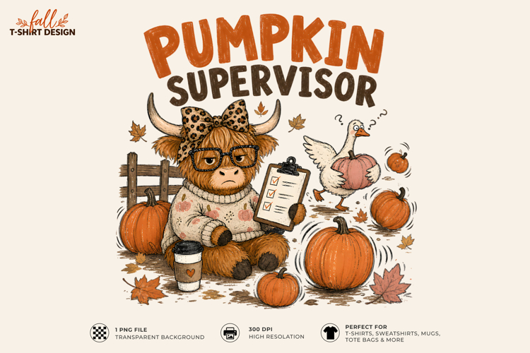 Pumpkin Supervisor Highland Cow Fall Sublimation T-Shirt PNG