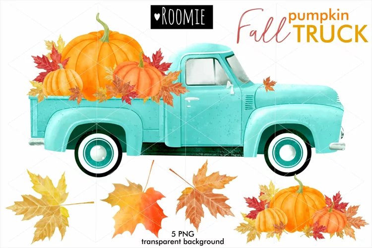 Autumn pumpkin TRUCK PNG, Watercolor fall clipart retro car