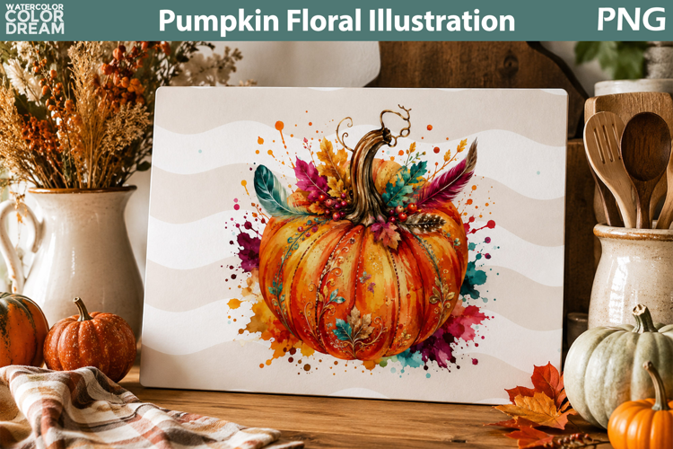 Watercolor Pumpkin Floral | Fall Cutting Board Kitchen