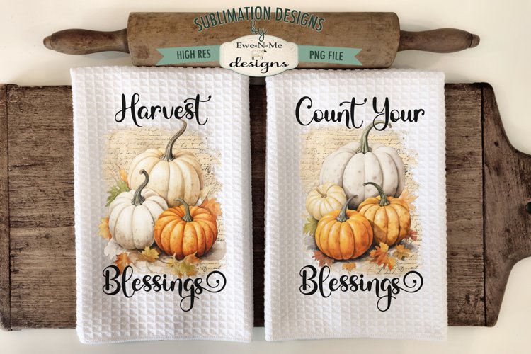 Vintage Pumpkins Towel Sublimation Design| Harvest Blessings example image 1