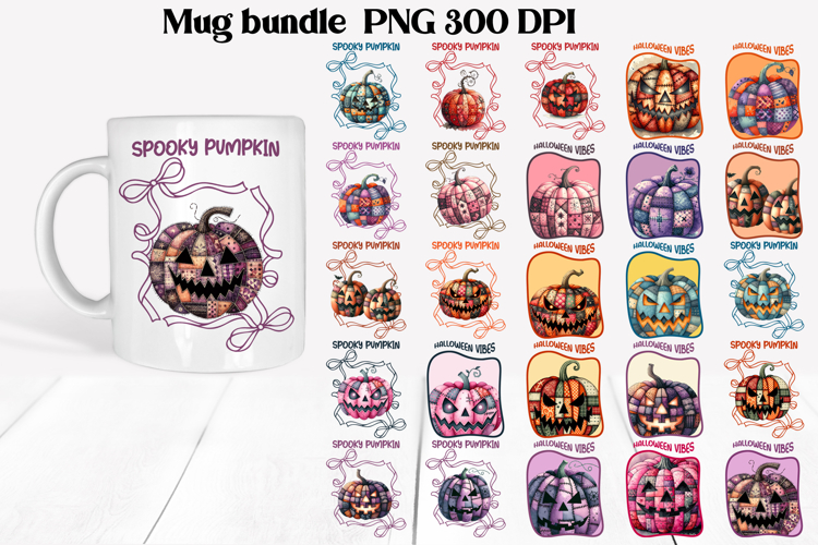 Cute Halloween patchwork pumpkin sublimation mug design wrap