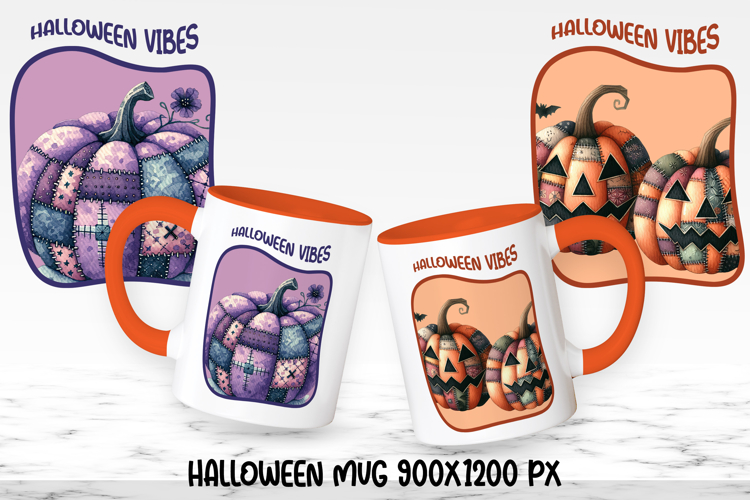 Cute Halloween patchwork pumpkin sublimation mug design wrap