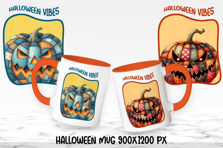 Cute Halloween patchwork pumpkin sublimation mug design wrap