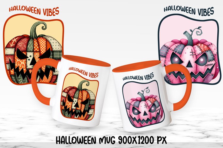 Cute Halloween patchwork pumpkin sublimation mug design wrap