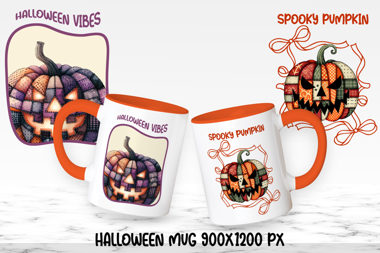 Cute Halloween patchwork pumpkin sublimation mug design wrap