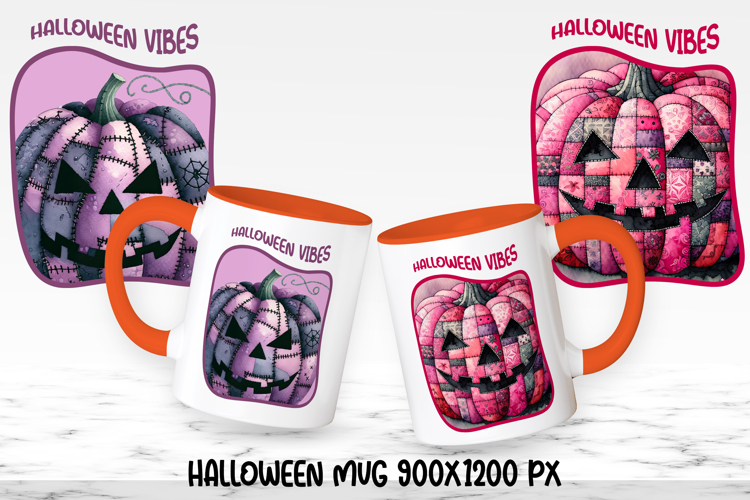 Cute Halloween patchwork pumpkin sublimation mug design wrap