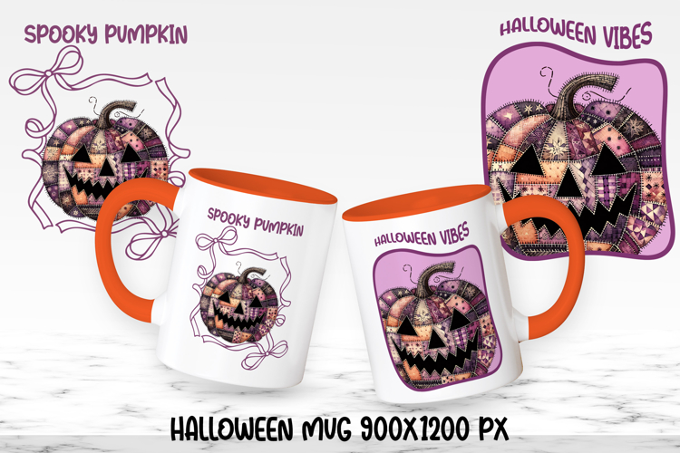 Cute Halloween patchwork pumpkin sublimation mug design wrap