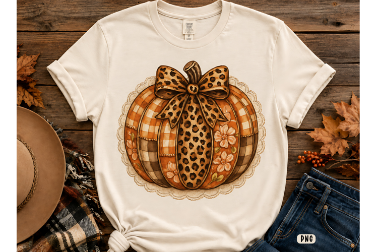 Leopard Pumpkin Fall T-Shirt PNG, Cute Autumn Pumpkin Bow