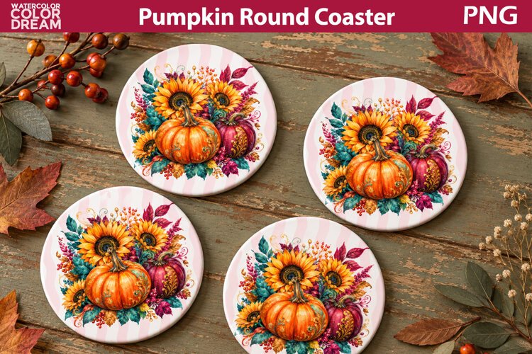 Pumpkin Sunflowers Round Coaster | Fall Car Coaster example image 1