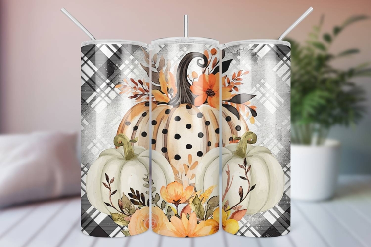 Fall Sublimation 20 oz Tumbler Wrap - Pumpkins   Black Plaid