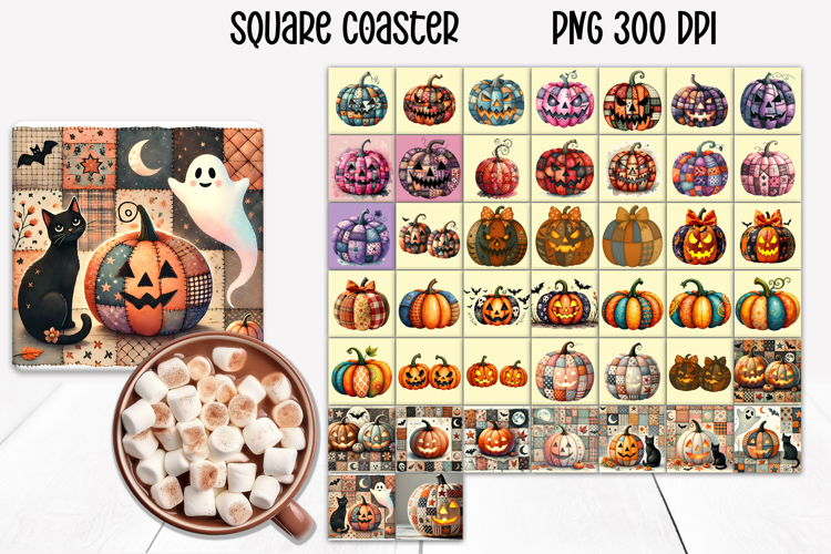 Cute Halloween patchwork pumpkin square coaster bundle