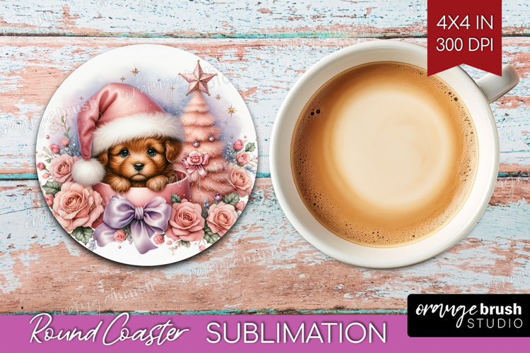 Puppy Pastel Christmas Round Coaster Coquette Xmas Coaster