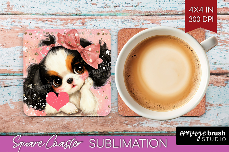 Puppy Valentine Square Coaster Cute Valentines Day Coaster