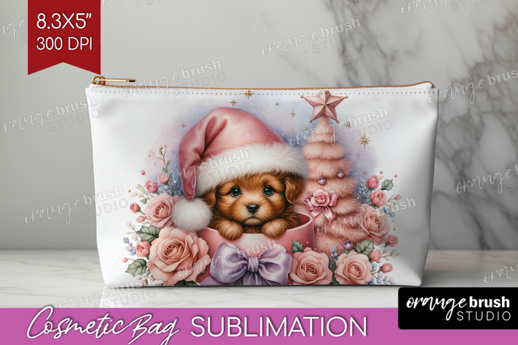 Puppy Pastel Christmas Cosmetic Bag Coquette Xmas Makeup Bag