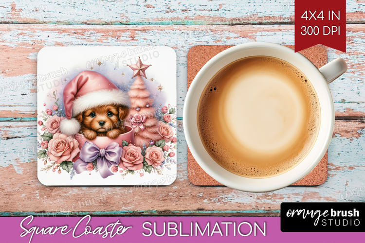 Puppy Pastel Christmas Square Coaster Coquette Xmas Coaster
