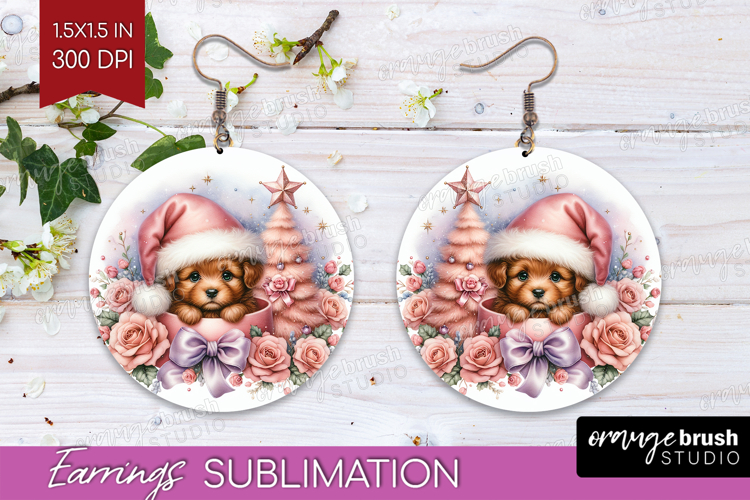 Puppy Pastel Christmas Round Earrings Coquette Xmas PNG