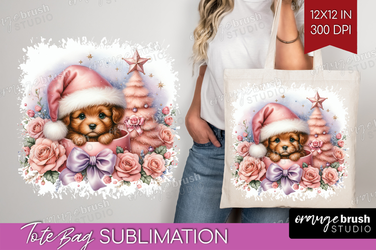 Puppy Pastel Christmas Tote Bag Coquette Xmas Tote Bag PNG