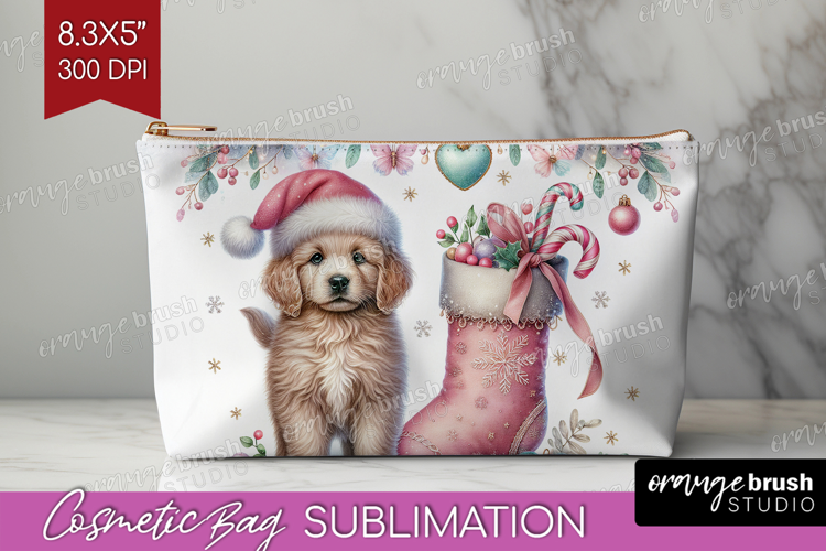 Puppy Pastel Christmas Cosmetic Bag Coquette Xmas Makeup Bag