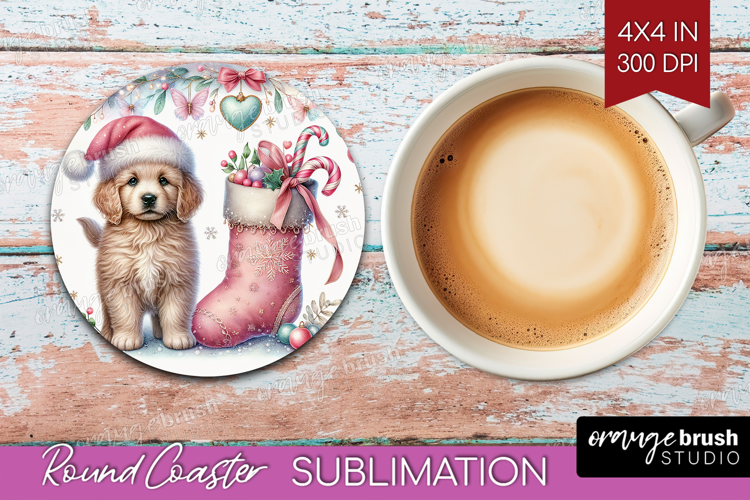 Puppy Pastel Christmas Round Coaster Coquette Xmas Coaster