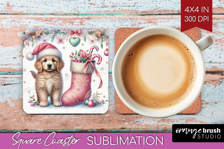 Puppy Pastel Christmas Square Coaster Coquette Xmas Coaster