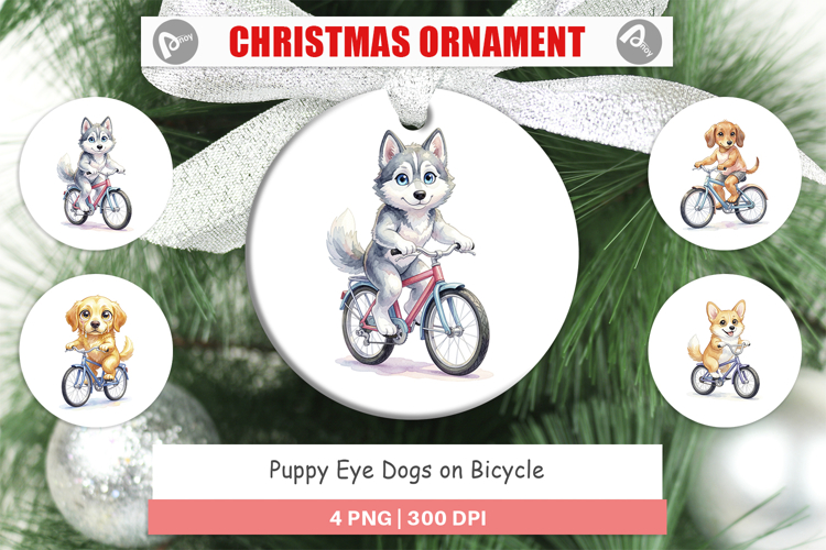 Puppy Eye Dogs on Bicycle Ornament