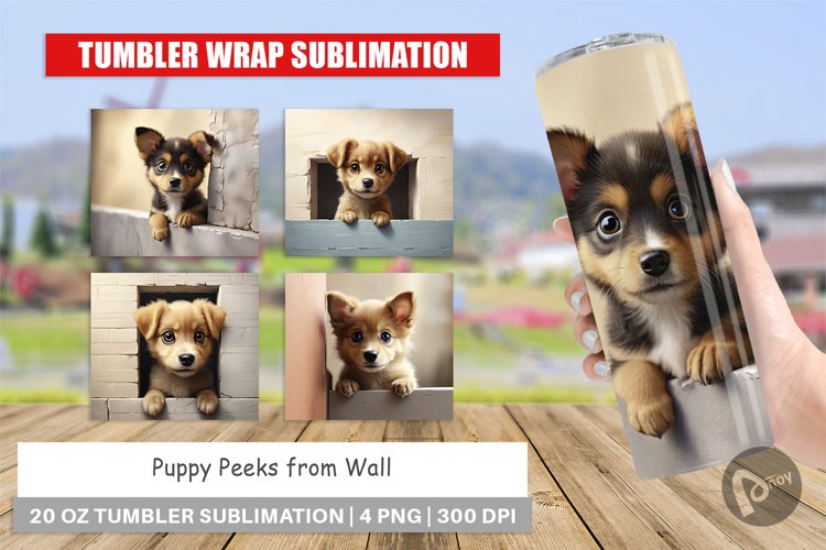 Tumbler Wrap Puppy Peeks from Wall