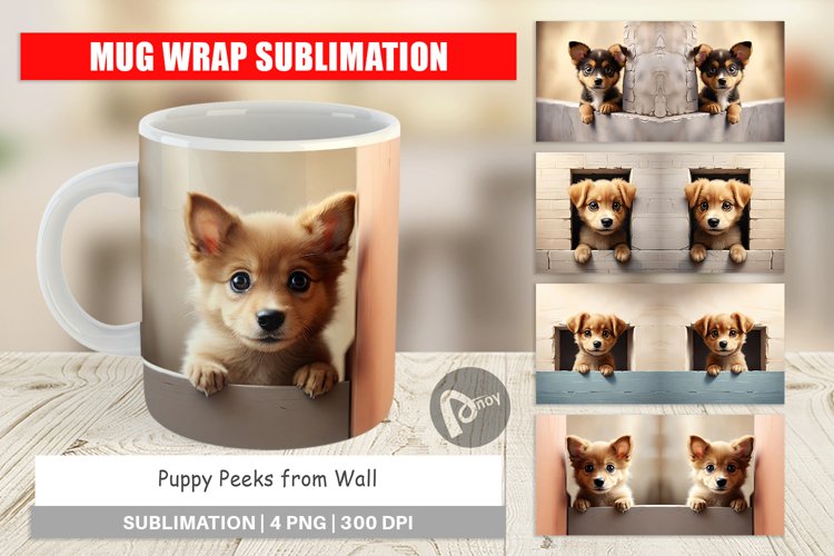 Mug Wrap Design Puppy Peeks from Wall