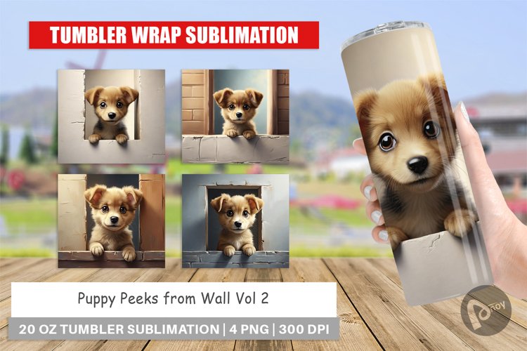 Tumbler Wrap Puppy Peeks from Wall
