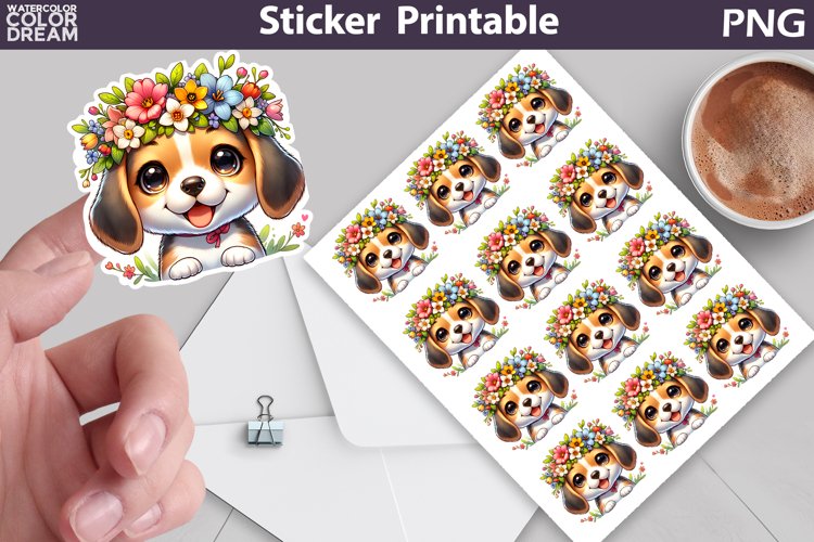 Beagle Puppy Flowers Sticker | Dog Sticker Printable