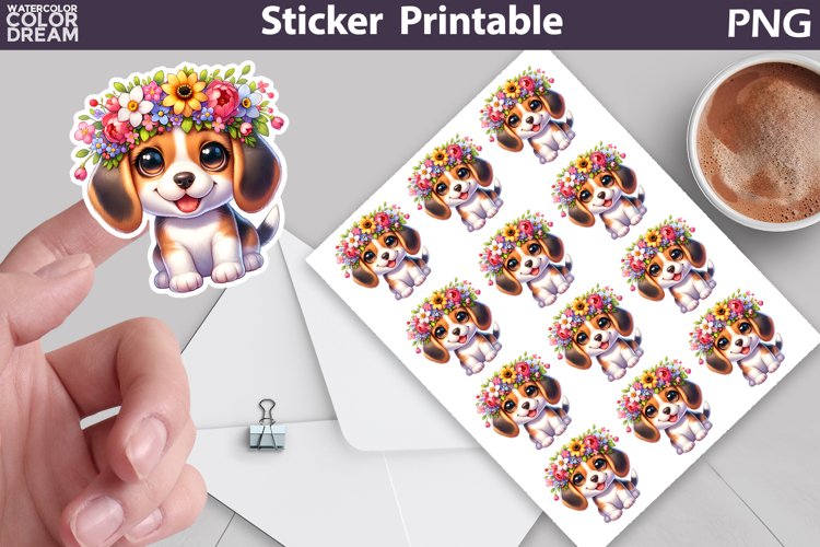 Beagle Puppy Flowers Sticker | Dog Sticker Printable