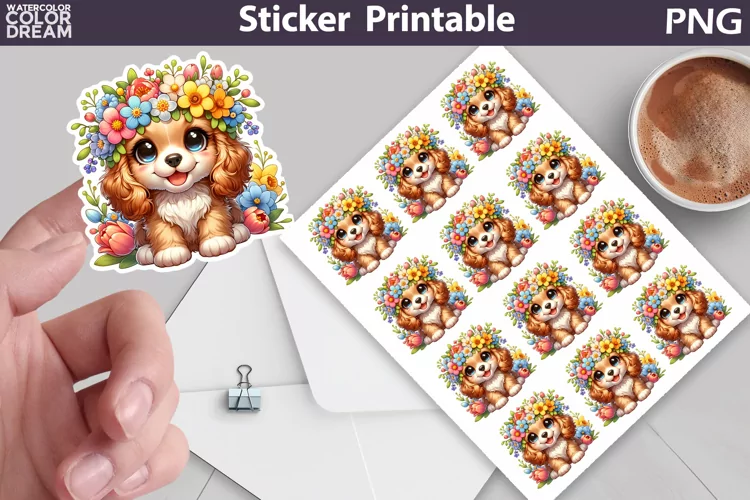 Cocker Spaniel Puppy Flowers Sticker | Dog Sticker Printable